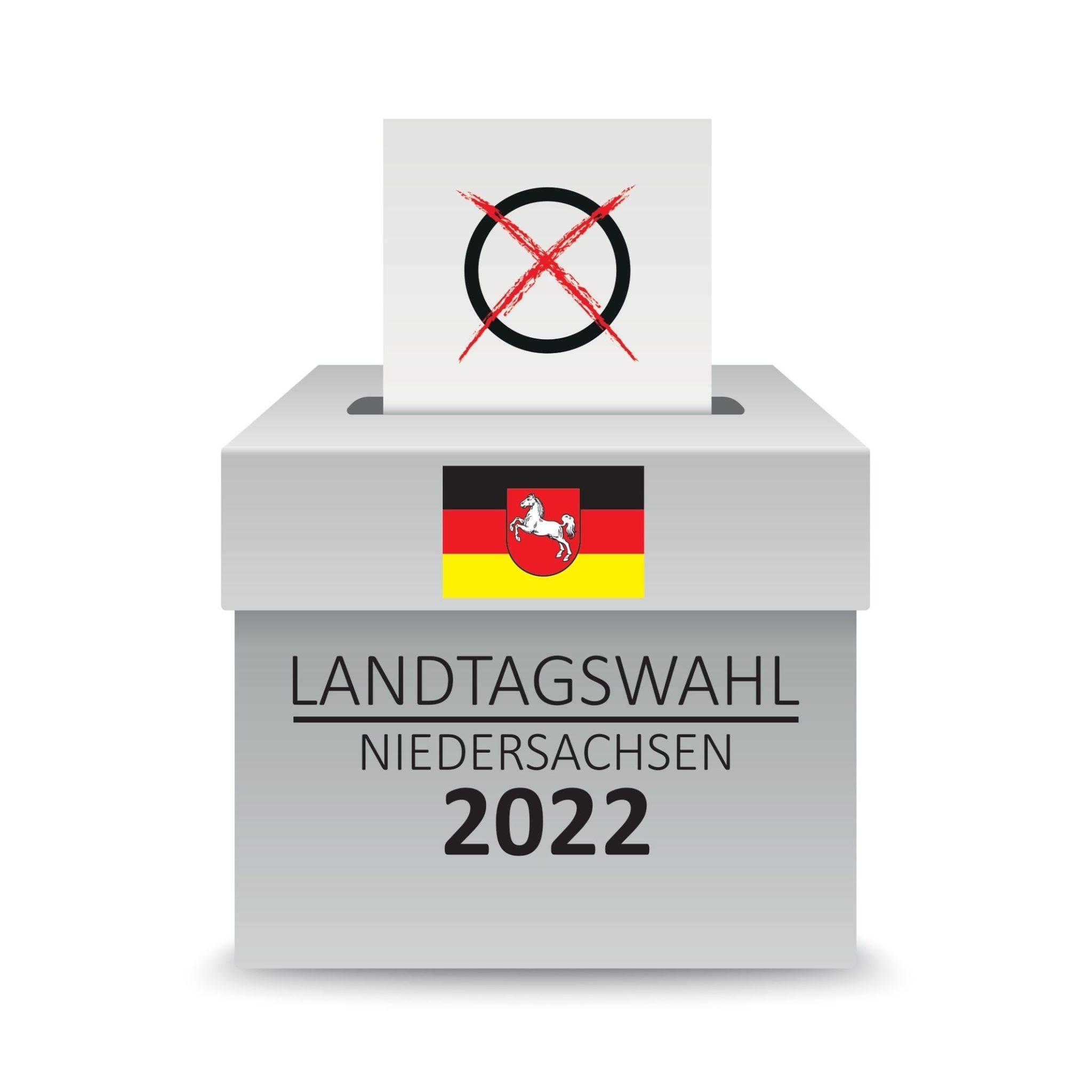 Wahlbox mit der Aufschrift Landtagswahl Niedersachsen 2022 und einem angekreuzten Wahlzettel
